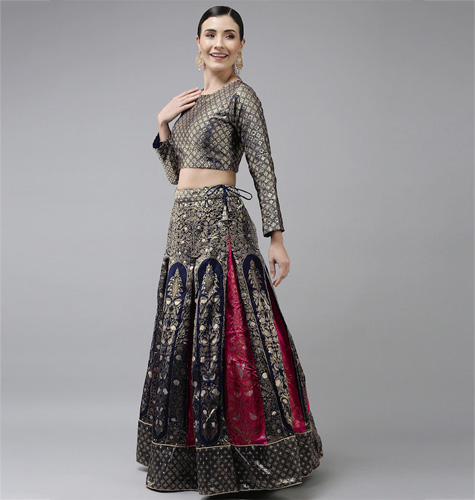 Navy Blue & Gold-Coloured Semi-Stitched Lehenga & Unstitched Blouse With Dupatta